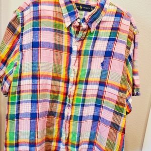 VTG Polo Ralph Lauren Hand Woven Madras Plaid Short Sleeve Button Up Shirt XL